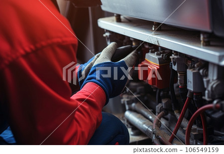 Plumber conducts an inspection and repairs the central heating system 106549159