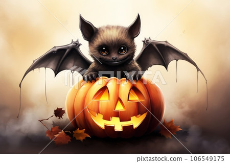 Halloween character - funny cartoon bat with pumpkin Halloween character - funny cartoon bat with pumpkin 106549175