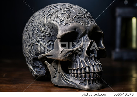 Human skull with engraving, accessory for Halloween celebration Human skull with engraving, accessory for Halloween celebration 106549176