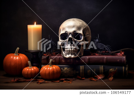 Halloween composition - human skull, pumpkins, candle, books Halloween composition - human skull, pumpkins, candle, books 106549177