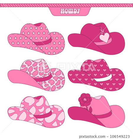Retro Pink Cowgirl hats collection with various print patterns. 60s Howdy Cowboy western and wild west theme. Hand drawn contour flat vector illustration. 106549223