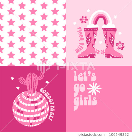 Groovy Girly square carts set with Cowgirl Boots, disco ball and Retro Lettering Text for rodeo party on a pink background. 60s flat Vector hand drawn Illustration Groovy Girly square carts set with Cowgirl Boots, disco ball and Retro Lettering Text for rodeo party on a pink background. 60s flat Vector hand drawn Illustration 106549232