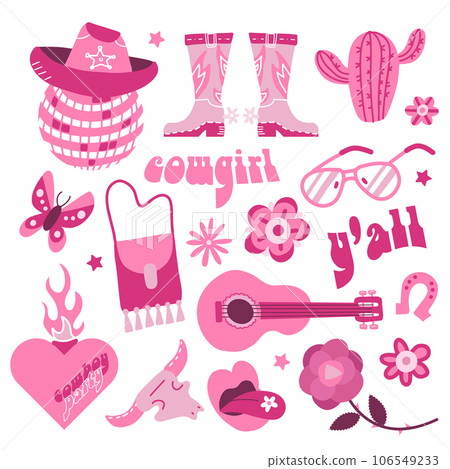 Big set of 60s retro girlish cowboy fashion elements. Cowboy boots, revolver, hat, guitar, bag, skull, disco ball, vintage inscriptions. Trendy theme of westernt dangerous cowgirl vector design. Big set of 60s retro girlish cowboy fashion elements. Cowboy boots, revolver, hat, guitar, bag, skull, disco ball, vintage inscriptions. Trendy theme of westernt dangerous cowgirl vector design. 106549233