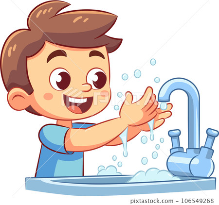 Happy boy is washing his hands to prevent disease at the hand washing sink.Flat Cartoon Vector Illustration. Happy boy is washing his hands to prevent disease at the hand washing sink.Flat Cartoon Vector Illustration. 106549268
