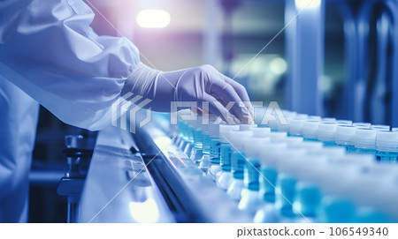 Women's hands in washing gloves on the blurred background of the production line. Women's hands in washing gloves on the blurred background of the production line. 106549340