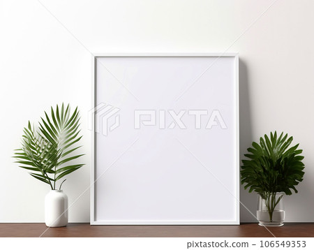 Blank picture frame mockup on a wall. Interior white wall background with an empty frame mock up. 106549353