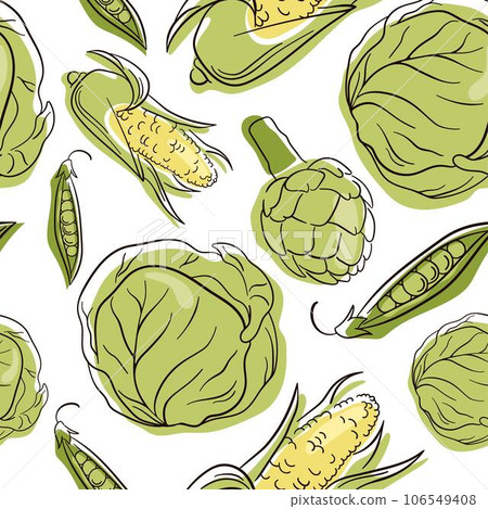 Seamless pattern with hand drawn vegetables. Line art cabbage, corn, peas, artichoke. Vegetarian healthy food vector texture. 106549408