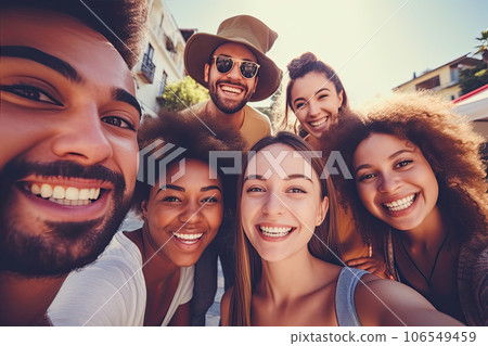 multiracial group of young people taking a selfie 106549459