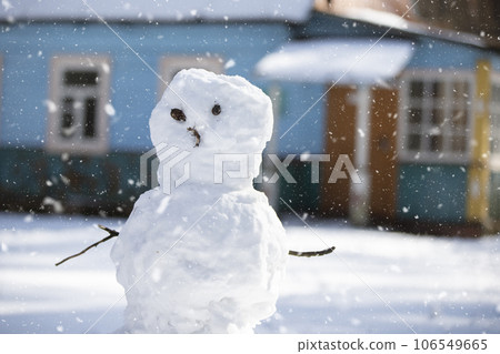 Funny snowman with branches instead of arms and eyes against the background of flying snowflakes. Funny snowman with branches instead of arms and eyes against the background of flying snowflakes. 106549665