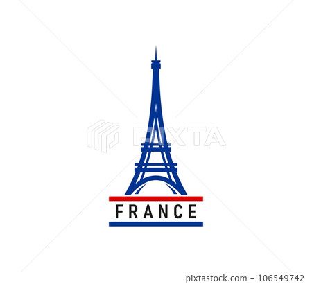 Paris Eiffel Tower icon of french city travel tours. Monument in colors of french flag isolated symbol with Eiffel Tower, Paris architecture landmark, tourist attractions and destinations in France 106549742
