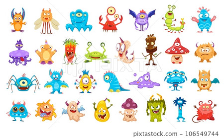 Cartoon cute funny monster characters. Cute bacteria, alien bug or insect, spooky bat, crab, fantastic octopus, fairy mushroom and spider, slime monster, stump and devil isolated vector personages 106549744