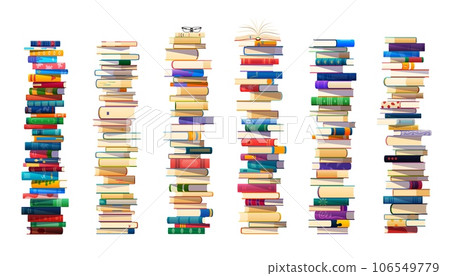 High book stacks in piles, school textbooks and library literature heaps, vector tower rows. Education or reading books, study textbooks dictionary stack piles in bookstore or bookshop with bookmarks 106549779