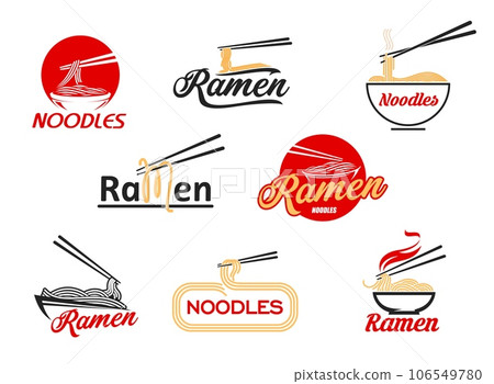 Ramen noodles icon. Japanese cuisine cafe, Asian food restaurant menu ramen noodles meal vector sign or emblem. Chinese fast food delivery or street cafe icon or symbol with chopsticks 106549780