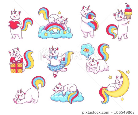Cute funny cartoon caticorn characters. Magical caticorn, cute fairy kitten or magic unicorn cat cheerful vector personages. Fairytale creature adorable mascot sleeping on cloud, dreaming and dancing 106549802