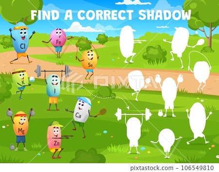 Find correct shadow of cartoon sportsman characters. Vector educational children game worksheet with Cl, Fe, Se, K, I, Ca, Mg and Zn micronutrient capsules personages exercise in park on sunny day 106549810