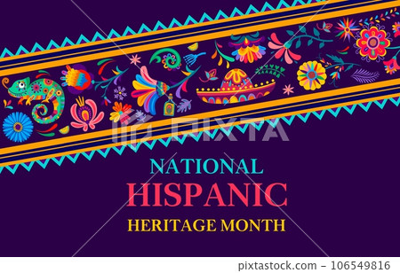 Decorative tropical flowers and plants pattern on national hispanic heritage month banner. Vector background for celebration, symbolizing rich cultural heritage and diversity of hispanic communities Decorative tropical flowers and plants pattern on national hispanic heritage month banner. Vector background for celebration, symbolizing rich cultural heritage and diversity of hispanic communities 106549816