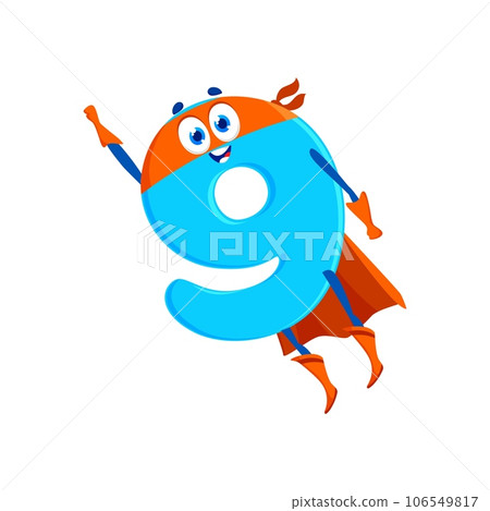 Cartoon math number nine superhero character wear cape and mask. Isolated vector flying educational digit defender school personage with big eyes and smiling mouth, ready to fight with ignorance Cartoon math number nine superhero character wear cape and mask. Isolated vector flying educational digit defender school personage with big eyes and smiling mouth, ready to fight with ignorance 106549817