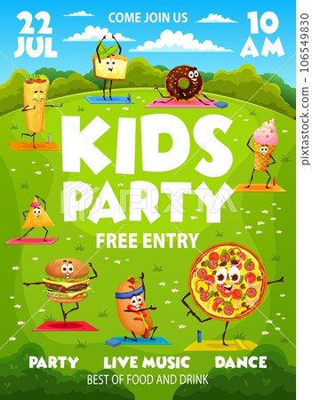 Kids party flyer with cartoon funny fast food characters on yoga, vector event poster. Kids party entertainment invitation and entry flyer with pizza, cheeseburger, hot dog or burrito on fitness sport 106549830
