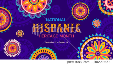 National hispanic heritage month banner with circle patterns. Vector background with bright colored alebrije style floral ornament, showcases rich cultural traditions and Spanish event celebration National hispanic heritage month banner with circle patterns. Vector background with bright colored alebrije style floral ornament, showcases rich cultural traditions and Spanish event celebration 106549838