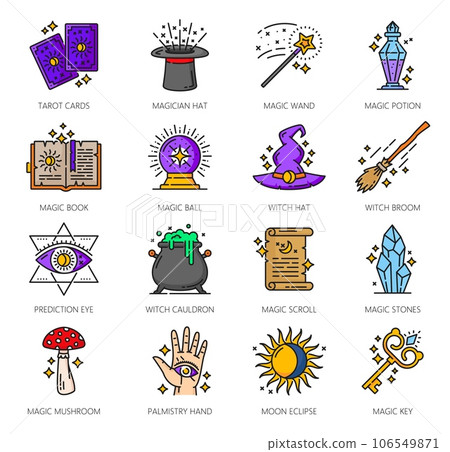Color witchcraft magic icons. Esoteric, astrology, mystery symbols of Halloween, medieval alchemy. Thin line witch hat, tarot cards, broom, potion and cauldron, magician wand, book, ball and crystal 106549871
