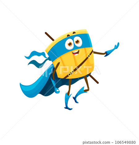 Cartoon paccheri italian pasta superhero character. Isolated vector lively macaroni food personage wear blue super hero mask and cape, ready to combat hunger with his cheesy powers and brave spirit Cartoon paccheri italian pasta superhero character. Isolated vector lively macaroni food personage wear blue super hero mask and cape, ready to combat hunger with his cheesy powers and brave spirit 106549880