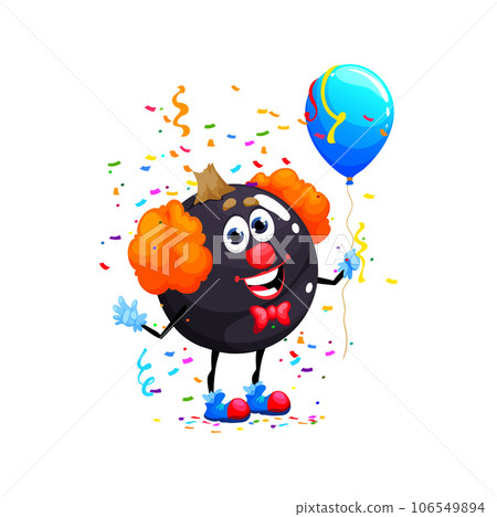 Cartoon black currant berry clown character, birthday holiday. Child celebration berry childish personage, kids holiday or birthday party black currant isolated vector funny mascot with balloon Cartoon black currant berry clown character, birthday holiday. Child celebration berry childish personage, kids holiday or birthday party black currant isolated vector funny mascot with balloon 106549894