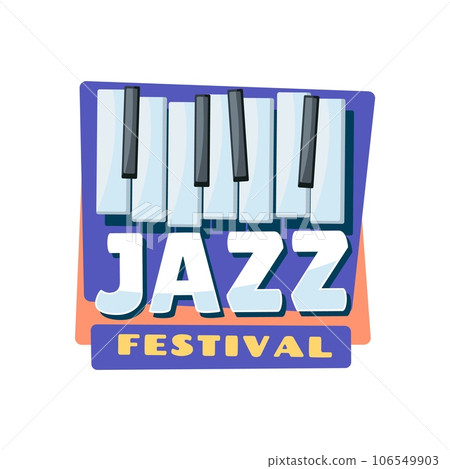 Jazz music festival icon with piano for acoustic concert and live performance, vector emblem. Blues or jazz music club and musical fest sign with piano keys for karaoke bar or live performance club Jazz music festival icon with piano for acoustic concert and live performance, vector emblem. Blues or jazz music club and musical fest sign with piano keys for karaoke bar or live performance club 106549903