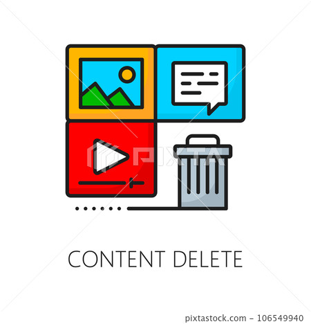 Content delete, CMS content management system icon, digital media online tools, vector line pictogram. CMS and digital media content management icon of photo, video and message publications delete 106549940