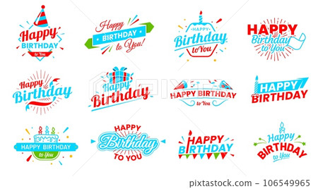 Happy birthday icons. Anniversary event festive calligraphy background, birth day party congratulation handwritten sign or happy birthday greeting text vector banner with cake candles, fireworks 106549965
