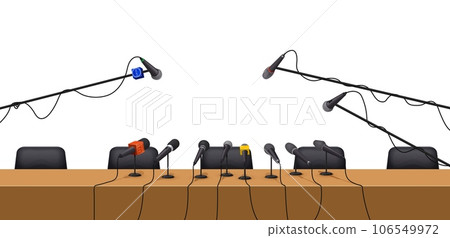 Press conference table interior with microphones. Politics debate, public speaker speech or announcement, live broadcast vector backdrop. Television press conference or news interview concept or cover 106549972