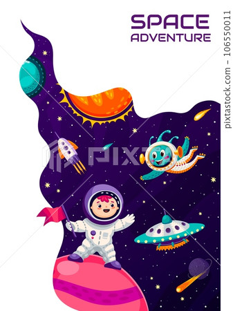 Space landing page. Cartoon kid astronaut on planet surface and alien in outer space with rocket and UFO vector website template. Galaxy landscape with planets, spaceships and spacemen web banner 106550011