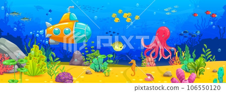 Cartoon octopus, submarine and fish shoals on underwater landscape vector background. Cute marine animals on tropical coral reef bottom, sea turtle, seahorse, pufferfish and seashell game background Cartoon octopus, submarine and fish shoals on underwater landscape vector background. Cute marine animals on tropical coral reef bottom, sea turtle, seahorse, pufferfish and seashell game background 106550120