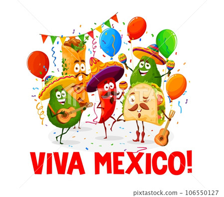 Tex mex food characters on viva mexico holiday banner. Cartoon vector avocado, burrito, tacos and red chili pepper wear sombrero and mustaches playing maracas and guitar celebrating national festival 106550127