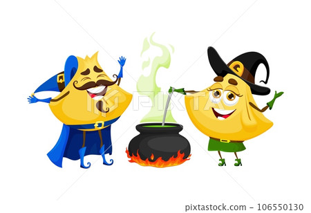 Cartoon Halloween fagottini pasta wizard and witch characters. Wheat meal isolated vector sorcerers cute personages cooking magic potion in cauldron. Italy cuisine pasta mage and witch funny mascots 106550130