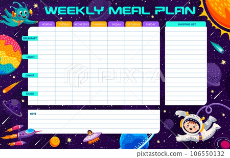 Weekly meal planner. Cartoon astronaut and alien in outer space. Week cooking diary page, meal vector calendar with boy astronaut and alien funny personages flying in outerspace, galaxy planets 106550132