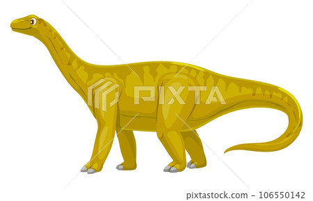 Vulcanodon dinosaur cheerful cartoon character. Paleontology animal, extinct lizard or Jurassic era dinosaur cheerful vector personage. Prehistoric reptile funny mascot or Vulcanodon comical character 106550142