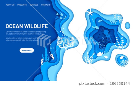 Underwater landing page with paper cut sea landscape, animals and seaweeds, vector website template. Ocean wildlife and undersea world landing page in papercut layers of jellyfish, seahorse and fishes 106550144