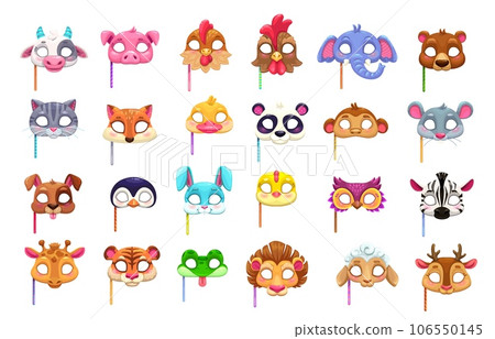 Cartoon carnival party animal masks. Vector cow, pig, chicken and rooster. Elephant, bear, cat and fox with duck or panda. Monkey, mouse, dog and penguin with rabbit or chick. Owl, zebra, giraffe 106550145