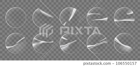 Transparent round plastic stickers, circle adhesive overlay patches, realistic vector. Adhesive patches and sticky film labels, transparent plastic foil stickers with crumpled or wrinkled texture 106550157
