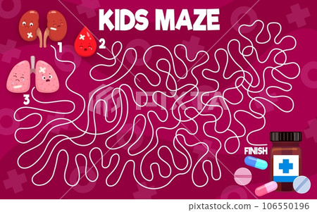 Labyrinth maze game, help to sick body organ characters find medicine, vector puzzle game. Cartoon sick lungs with blood and kidney to find way to medication pills in medical labyrinth maze for kids Labyrinth maze game, help to sick body organ characters find medicine, vector puzzle game. Cartoon sick lungs with blood and kidney to find way to medication pills in medical labyrinth maze for kids 106550196