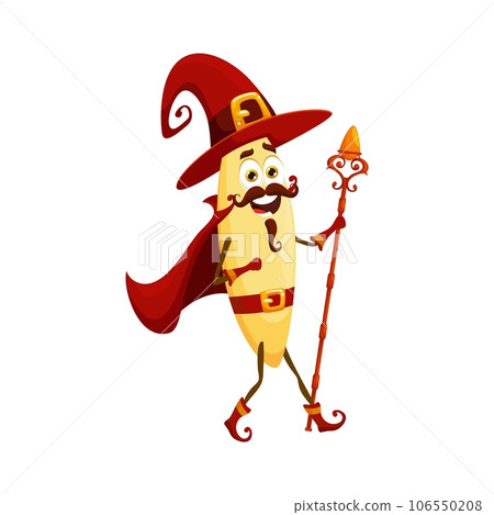 Cartoon orzo Halloween pasta wizard and witch, sorcerer and mage character. Vector italian food wiz with a magical touch, conjuring up delicious meals and enchanting flavors with a flick of the wrist. Cartoon orzo Halloween pasta wizard and witch, sorcerer and mage character. Vector italian food wiz with a magical touch, conjuring up delicious meals and enchanting flavors with a flick of the wrist. 106550208