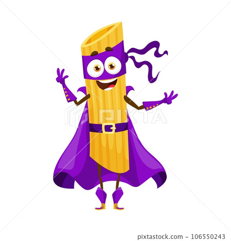 Cartoon sedani rigati italian pasta food superhero character. Isolated vector fun-loving super hero personage bringing smiles and laughter to kids with its noodle-like appearance and adventures Cartoon sedani rigati italian pasta food superhero character. Isolated vector fun-loving super hero personage bringing smiles and laughter to kids with its noodle-like appearance and adventures 106550243