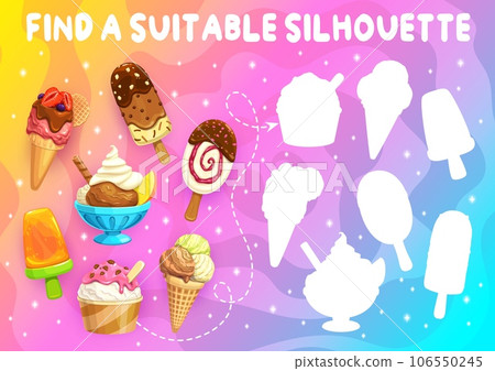 Find a suitable silhouette of cartoon ice cream gelato, sundae and fruit juice ice pop, vector puzzle game. Ice cream chocolate stick and vanilla cone on shadow match worksheet game for kids Find a suitable silhouette of cartoon ice cream gelato, sundae and fruit juice ice pop, vector puzzle game. Ice cream chocolate stick and vanilla cone on shadow match worksheet game for kids 106550245