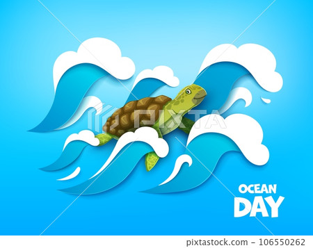 World oceans day, cartoon turtle in paper cut sea waves, underwater environment vector background. World ocean day poster or banner in papercut, sea ecosystem conservation or marine animals protection 106550262