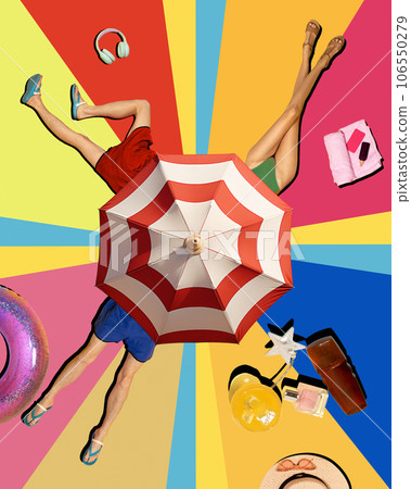Female and male legs on multicolored background. Sunbathing, relaxation on beach. Summer vacation. Creative collage. Female and male legs on multicolored background. Sunbathing, relaxation on beach. Summer vacation. Creative collage. 106550279