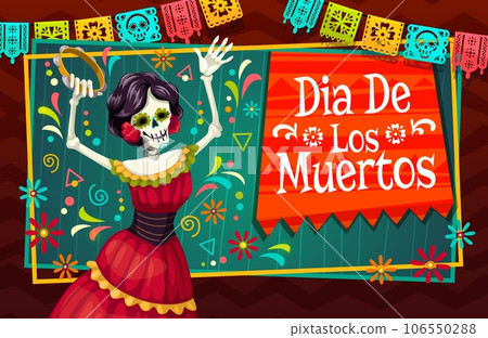 Catrin calavera on dia de los muertos day of the dead mexican holiday banner. Vector greeting card for latin Halloween celebration with female skeleton wear red dress dancing flamenco with tambourine 106550288