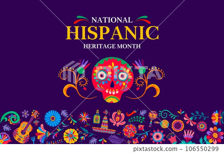 National hispanic heritage month festival banner with calavera skull and tropical flowers. Vector background for celebrating the rich cultural heritage of the hispanic community National hispanic heritage month festival banner with calavera skull and tropical flowers. Vector background for celebrating the rich cultural heritage of the hispanic community 106550299