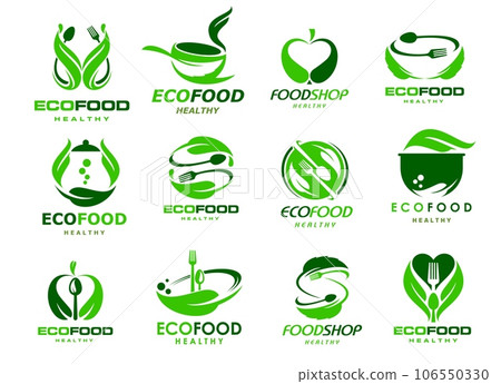 Healthy organic eco food icons and vegetarian cuisine restaurant signs, vector green leaf emblems. Farm market and food shop and vegan salad bar icons with heart, fork and spoon for eco food menu 106550330