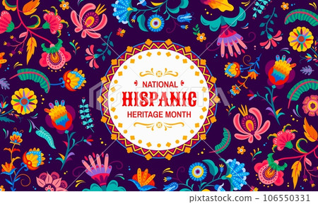 National hispanic heritage month festival banner with tropical flowers and plants. Vector event announcement for celebrating hispanic traditional festival, fostering sense of unity and cultural pride National hispanic heritage month festival banner with tropical flowers and plants. Vector event announcement for celebrating hispanic traditional festival, fostering sense of unity and cultural pride 106550331
