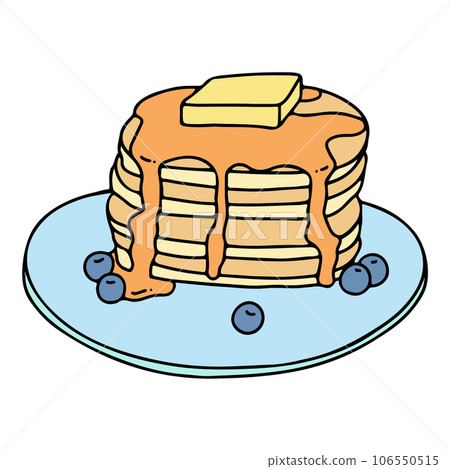 Charming and Minimalistic Pancake Illustration Adorned with Drizzled Honey, Juicy Blueberries, and a Dollop of Butter. 106550515